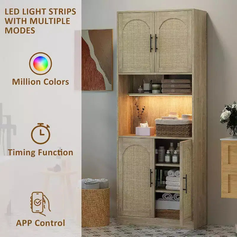 Meuble de rangement de cuisine de 71", Armoire de cuisine haute avec lumières LED, Meuble de cuisine autoportant avec étagère pour micro-ondes, pour salle à manger, salle de bain, salon