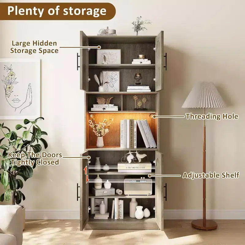 Meuble de rangement de cuisine de 71", Armoire de cuisine haute avec lumières LED, Meuble de cuisine autoportant avec étagère pour micro-ondes, pour salle à manger, salle de bain, salon