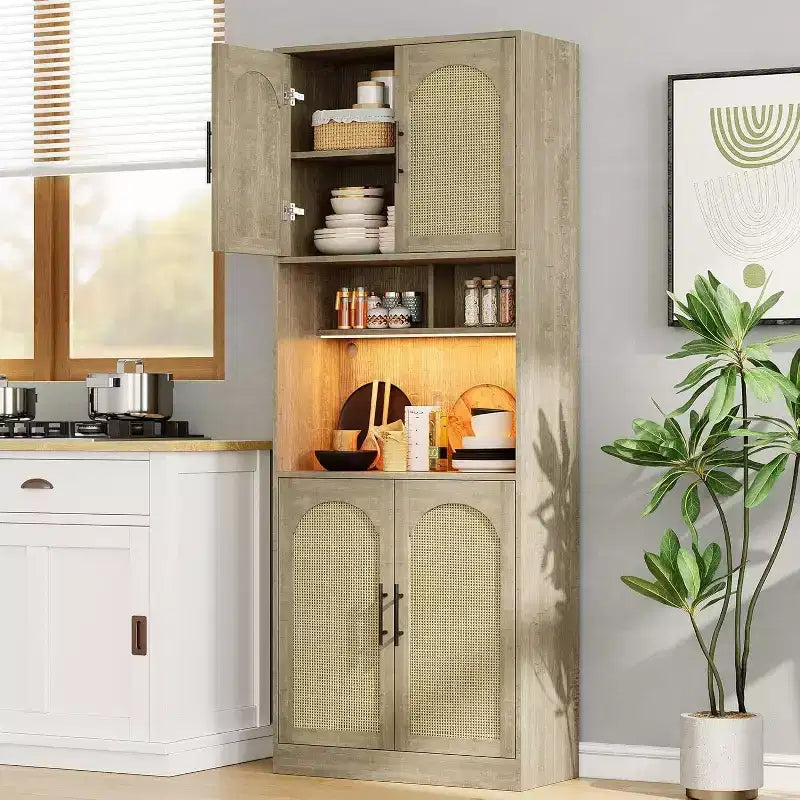 Meuble de rangement de cuisine de 71", Armoire de cuisine haute avec lumières LED, Meuble de cuisine autoportant avec étagère pour micro-ondes, pour salle à manger, salle de bain, salon