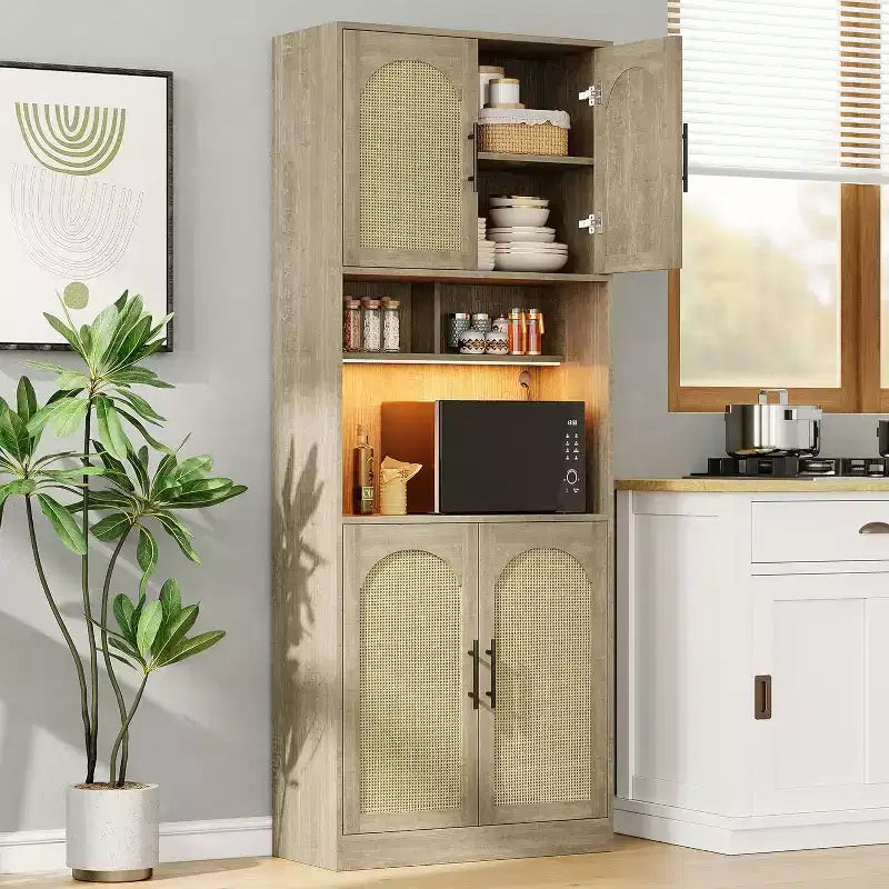 71 Pantry Cabinet, Tall Kitchen Hutch with Led Lights, Freestanding Kitchen Cabinet with Microwave Shelf, for Dining Room, Bathroom, Living Room