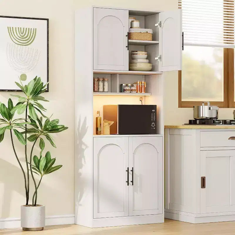 Meuble de rangement de cuisine de 71", Armoire de cuisine haute avec lumières LED, Meuble de cuisine autoportant avec étagère pour micro-ondes, pour salle à manger, salle de bain, salon