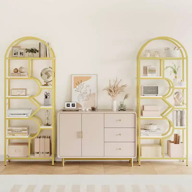 Bibliothèque arquée à 6 niveaux, étagère géométrique pour la maison et le bureau -, bibliothèque moderne en bois et métal avec une capacité de 15,9 kg/étagère, étagère de rangement ouverte pour la chambre