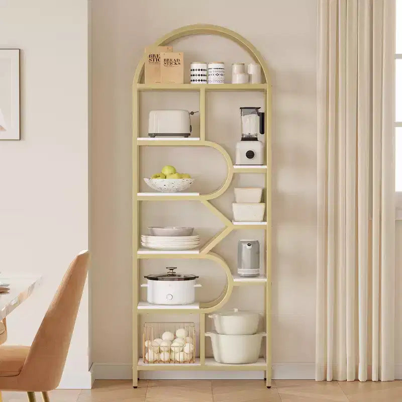 Bibliothèque arquée à 6 niveaux, étagère géométrique pour la maison et le bureau -, bibliothèque moderne en bois et métal avec une capacité de 15,9 kg/étagère, étagère de rangement ouverte pour la chambre