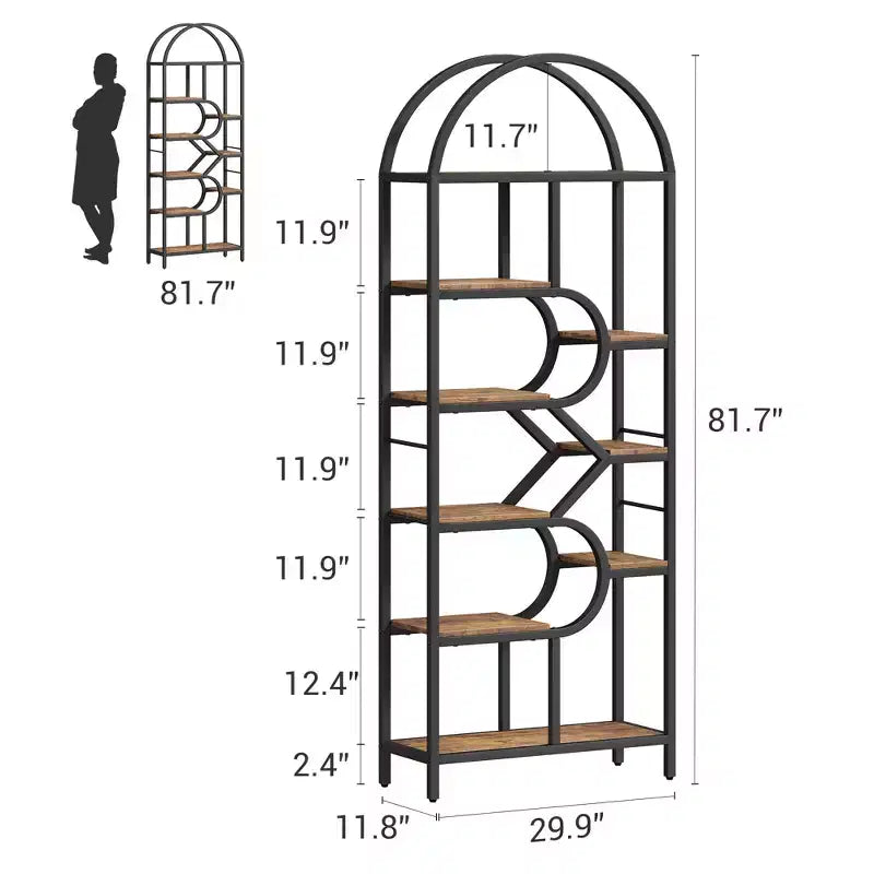 Bibliothèque arquée à 6 niveaux, étagère géométrique pour la maison et le bureau -, bibliothèque moderne en bois et métal avec une capacité de 15,9 kg/étagère, étagère de rangement ouverte pour la chambre