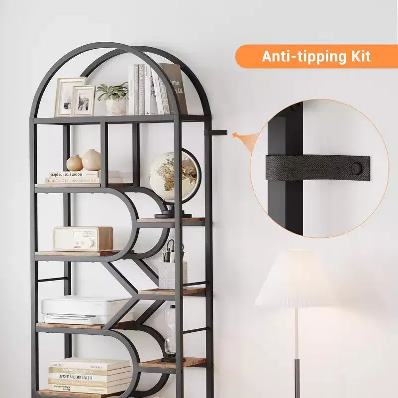 Bibliothèque arquée à 6 niveaux, étagère géométrique pour la maison et le bureau -, bibliothèque moderne en bois et métal avec une capacité de 15,9 kg/étagère, étagère de rangement ouverte pour la chambre