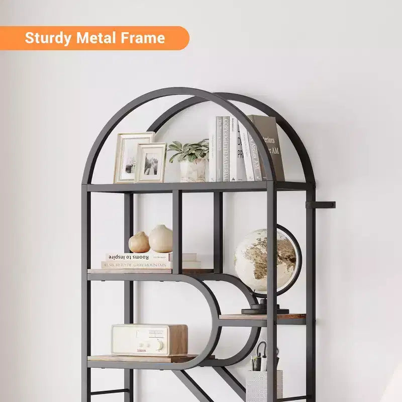 Bibliothèque arquée à 6 niveaux, étagère géométrique pour la maison et le bureau -, bibliothèque moderne en bois et métal avec une capacité de 15,9 kg/étagère, étagère de rangement ouverte pour la chambre