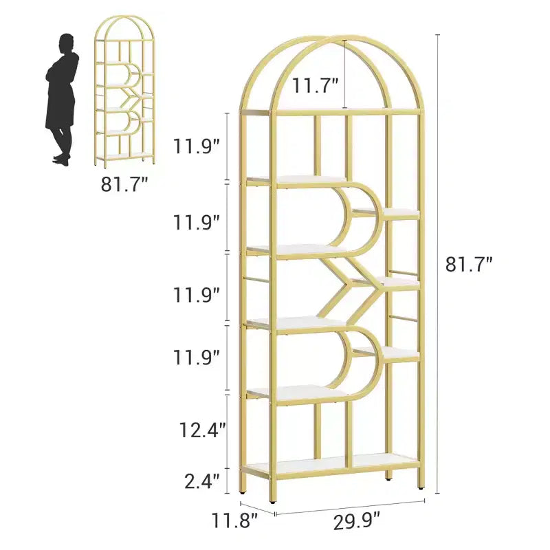 Bibliothèque arquée à 6 niveaux, étagère géométrique pour la maison et le bureau -, bibliothèque moderne en bois et métal avec une capacité de 15,9 kg/étagère, étagère de rangement ouverte pour la chambre
