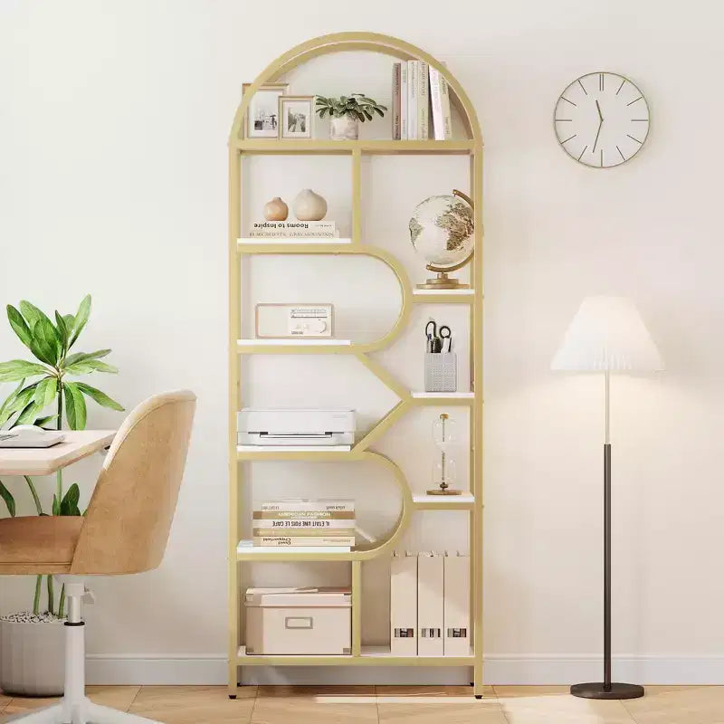 Bibliothèque arquée à 6 niveaux, étagère géométrique pour la maison et le bureau -, bibliothèque moderne en bois et métal avec une capacité de 15,9 kg/étagère, étagère de rangement ouverte pour la chambre