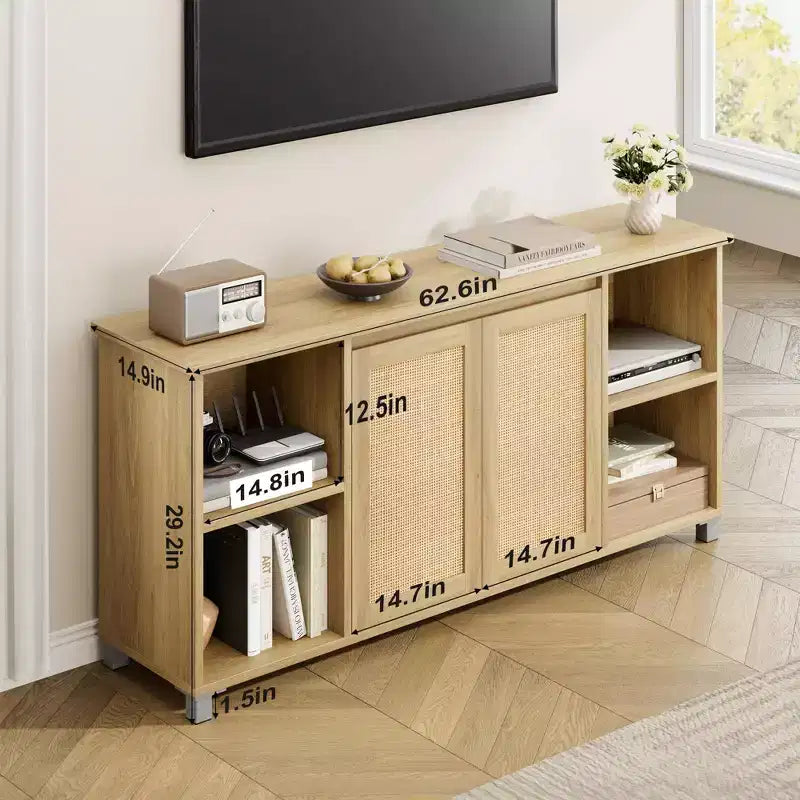 Meuble TV de style mid-century pour téléviseurs de 60 à 70 pouces, meuble de divertissement avec portes en rotin, console média de 159 cm de large avec étagère ouverte, meuble de salon et chambre à coucher