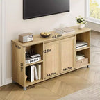 Meuble TV de style mid-century pour téléviseurs de 60 à 70 pouces, meuble de divertissement avec portes en rotin, console média de 159 cm de large avec étagère ouverte, meuble de salon et chambre à coucher