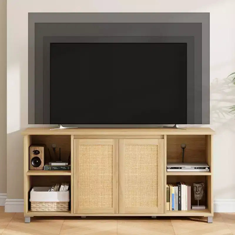 Meuble TV de style mid-century pour téléviseurs de 60 à 70 pouces, meuble de divertissement avec portes en rotin, console média de 159 cm de large avec étagère ouverte, meuble de salon et chambre à coucher