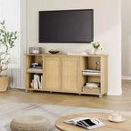 Meuble TV de style mid-century pour téléviseurs de 60 à 70 pouces, meuble de divertissement avec portes en rotin, console média de 159 cm de large avec étagère ouverte, meuble de salon et chambre à coucher