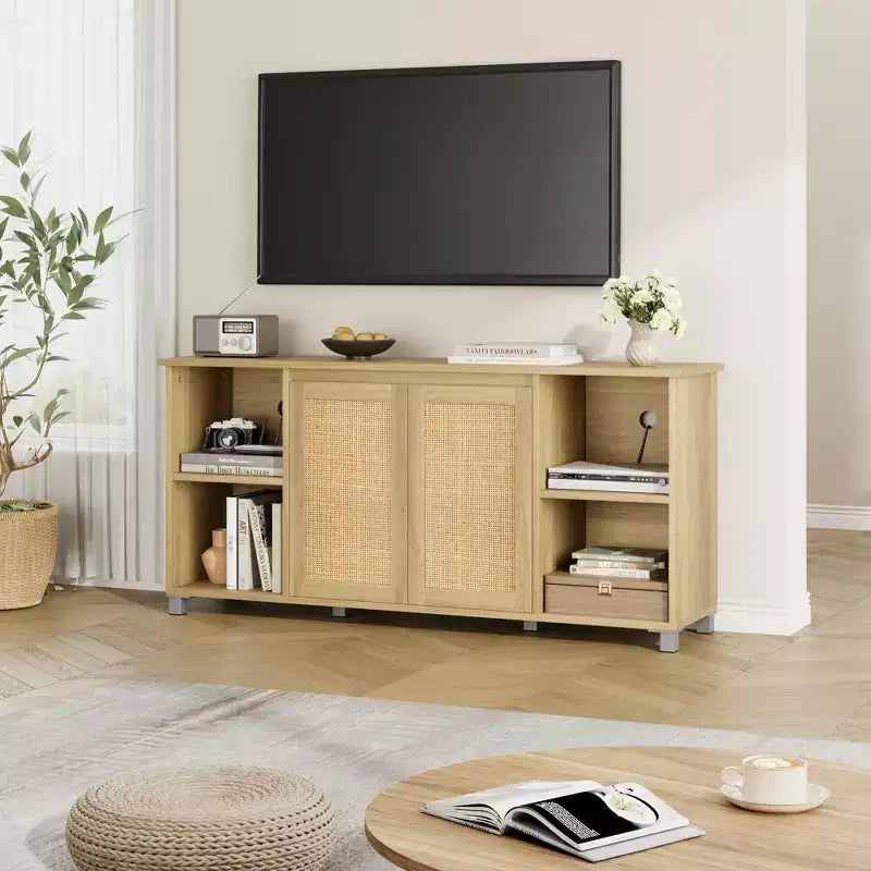 Meuble TV de style mid-century pour téléviseurs de 60 à 70 pouces, meuble de divertissement avec portes en rotin, console média de 159 cm de large avec étagère ouverte, meuble de salon et chambre à coucher