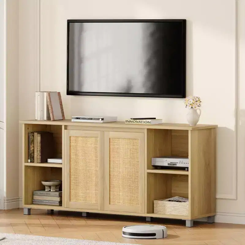 Meuble TV de style mid-century pour téléviseurs de 60 à 70 pouces, meuble de divertissement avec portes en rotin, console média de 159 cm de large avec étagère ouverte, meuble de salon et chambre à coucher