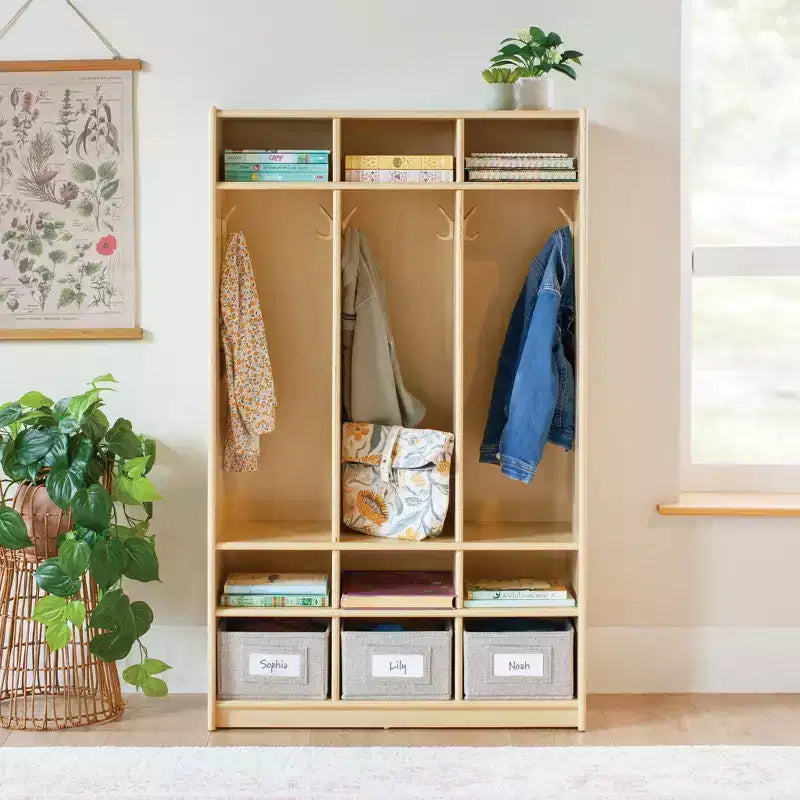 Casier de rangement en bois Guidecraft EdQ à 3 sections pour salle de classe, organisateur de casiers pour enfants avec étagères et crochets pour manteaux