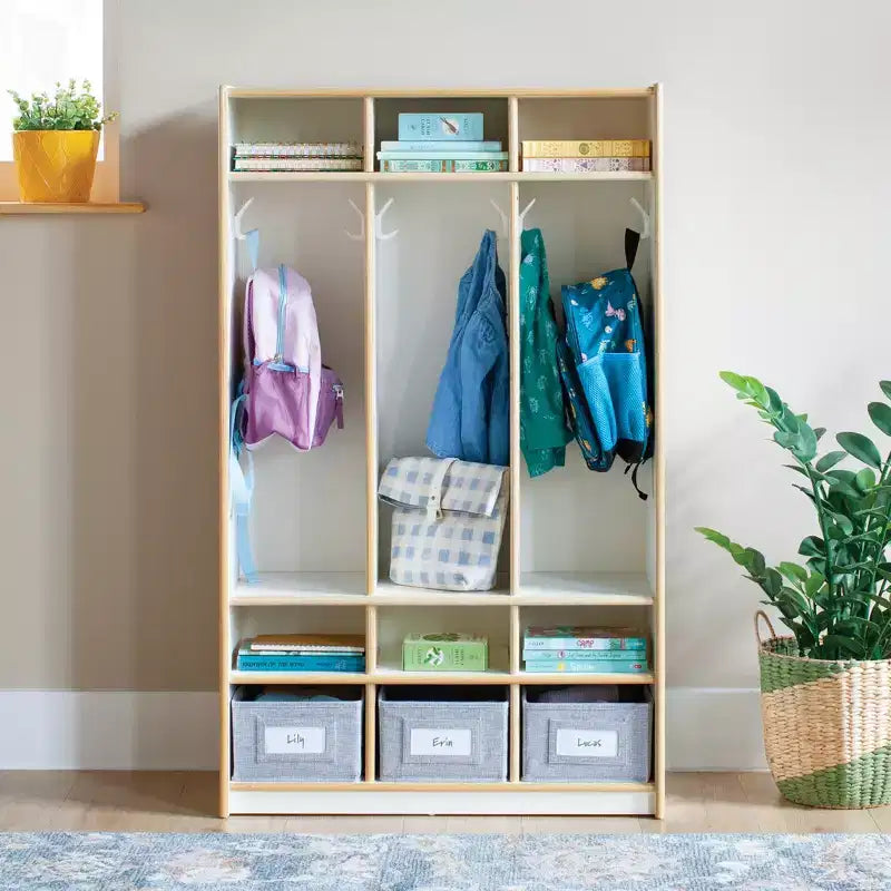 Casier de rangement en bois Guidecraft EdQ à 3 sections pour salle de classe, organisateur de casiers pour enfants avec étagères et crochets pour manteaux
