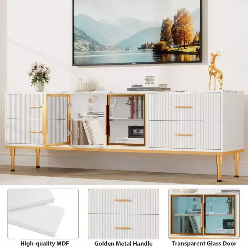 Meuble TV de 65 pouces avec lumières LED, centre de divertissement moderne avec 4 tiroirs, étagères et portes vitrées, console TV pour téléviseur de 55/65/75 pouces