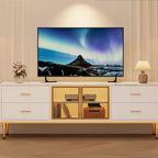 Meuble TV de 65 pouces avec lumières LED, centre de divertissement moderne avec 4 tiroirs, étagères et portes vitrées, console TV pour téléviseur de 55/65/75 pouces