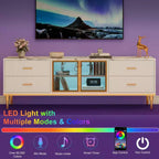 Meuble TV de 65 pouces avec lumières LED, centre de divertissement moderne avec 4 tiroirs, étagères et portes vitrées, console TV pour téléviseur de 55/65/75 pouces