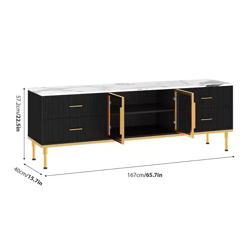 Meuble TV de 65 pouces avec lumières LED, centre de divertissement moderne avec 4 tiroirs, étagères et portes vitrées, console TV pour téléviseur de 55/65/75 pouces