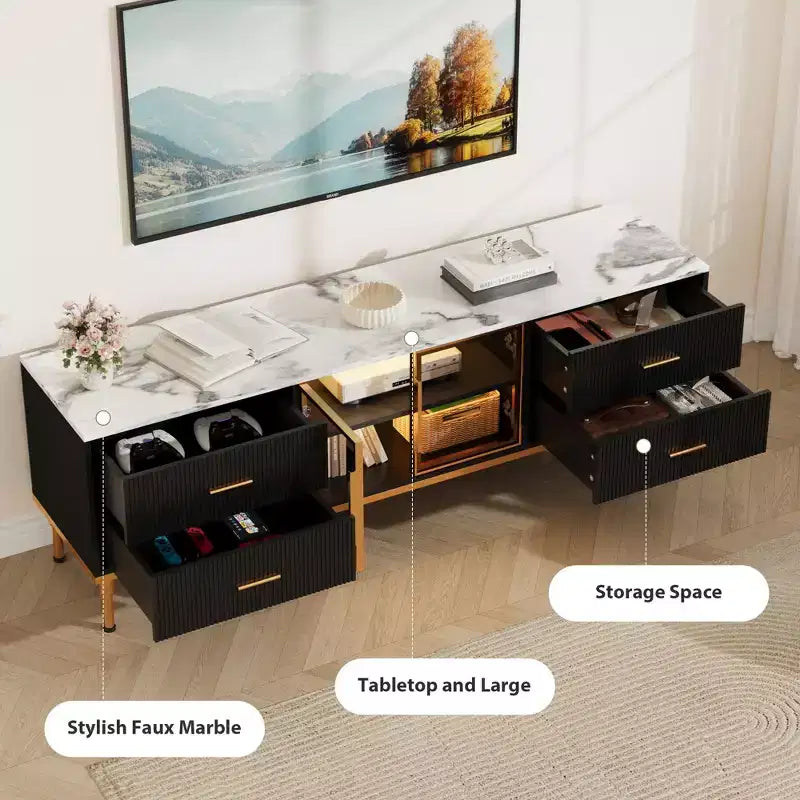 Meuble TV de 65 pouces avec lumières LED, centre de divertissement moderne avec 4 tiroirs, étagères et portes vitrées, console TV pour téléviseur de 55/65/75 pouces