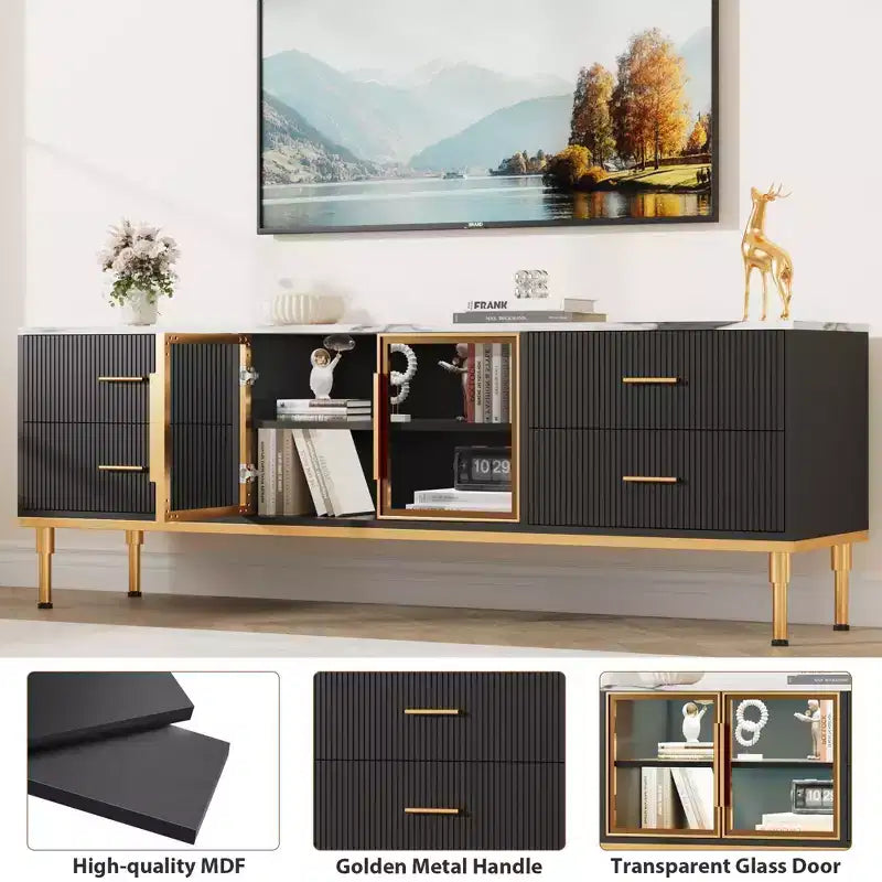Meuble TV de 65 pouces avec lumières LED, centre de divertissement moderne avec 4 tiroirs, étagères et portes vitrées, console TV pour téléviseur de 55/65/75 pouces