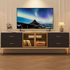 Meuble TV de 65 pouces avec lumières LED, centre de divertissement moderne avec 4 tiroirs, étagères et portes vitrées, console TV pour téléviseur de 55/65/75 pouces