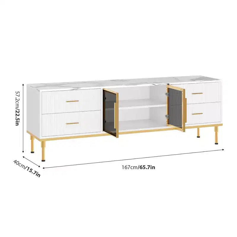 Meuble TV de 65 pouces avec lumières LED, centre de divertissement moderne avec 4 tiroirs, étagères et portes vitrées, console TV pour téléviseur de 55/65/75 pouces