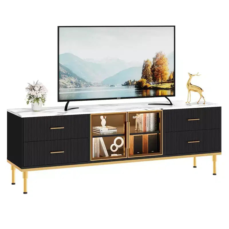 65 Inch TV Stand with LED Lights, Modern Entertainment Center with 4 Drawers & Shelves & Glass Doors, TV Console Table for 55/65/75 Inch TV