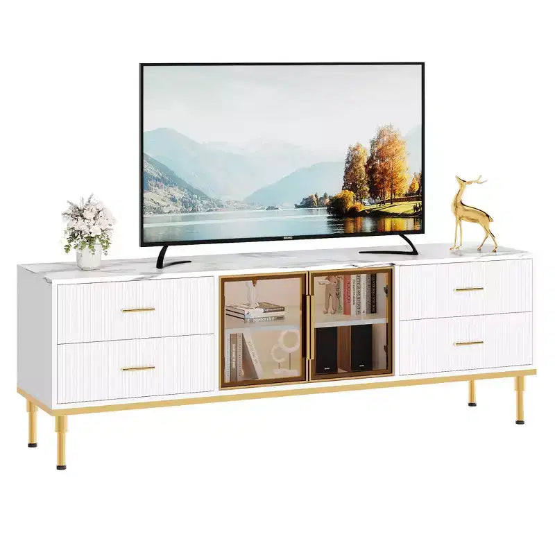 Meuble TV de 65 pouces avec lumières LED, centre de divertissement moderne avec 4 tiroirs, étagères et portes vitrées, console TV pour téléviseur de 55/65/75 pouces