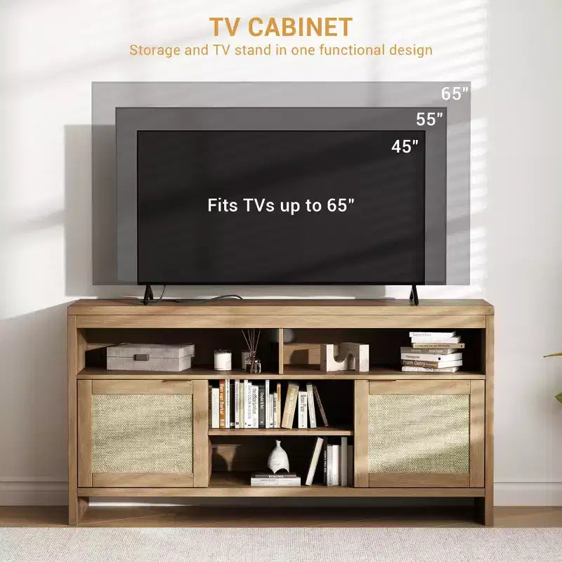 Meuble TV en rotin pour téléviseurs jusqu'à 65 pouces, meuble de divertissement bohème de 147 cm avec rangement, meuble console TV multimédia en bois avec étagères réglables