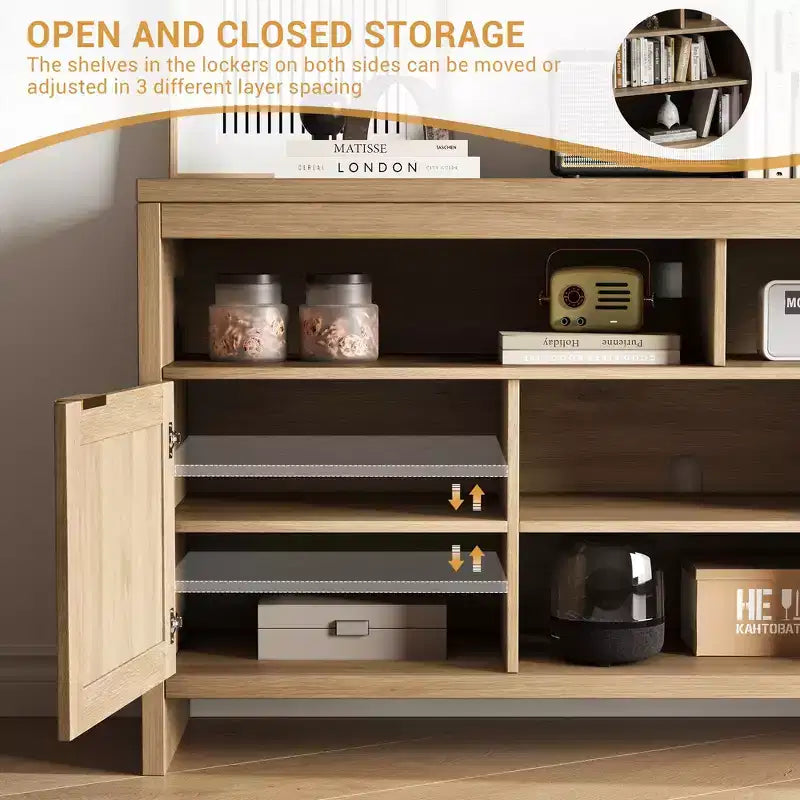 Meuble TV en rotin pour téléviseurs jusqu'à 65 pouces, meuble de divertissement bohème de 147 cm avec rangement, meuble console TV multimédia en bois avec étagères réglables