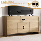 Meuble TV en rotin pour téléviseurs jusqu'à 65 pouces, meuble de divertissement bohème de 147 cm avec rangement, meuble console TV multimédia en bois avec étagères réglables