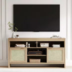 Meuble TV en rotin pour téléviseurs jusqu'à 65 pouces, meuble de divertissement bohème de 147 cm avec rangement, meuble console TV multimédia en bois avec étagères réglables