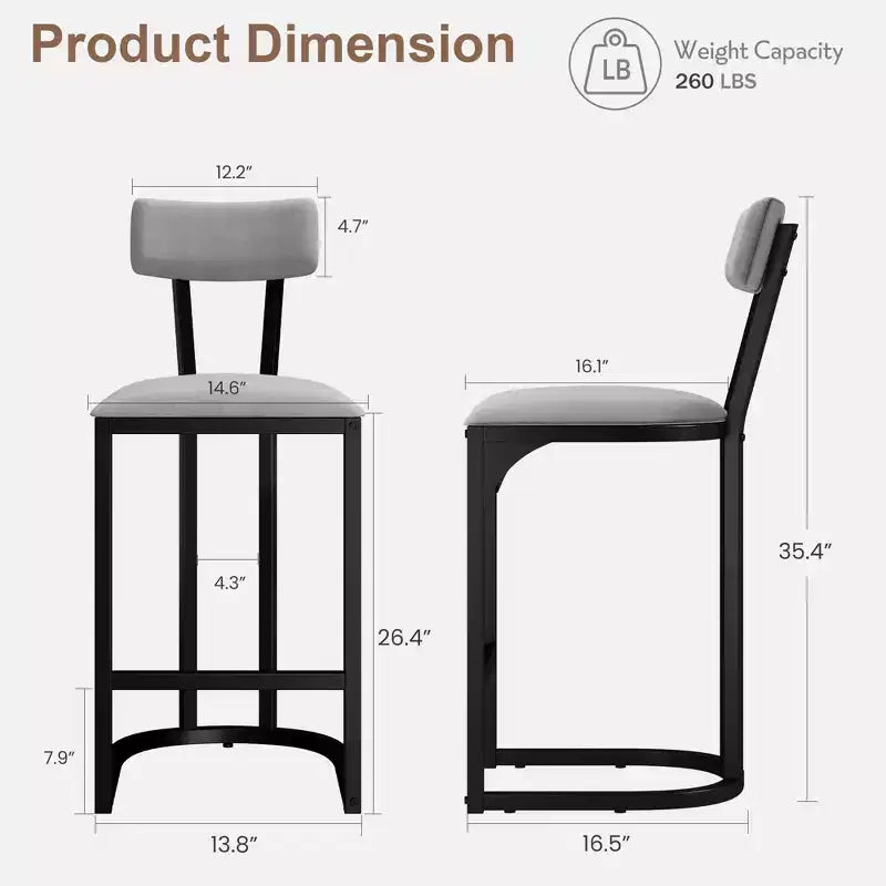 Tabourets de bar hauteur comptoir, tabourets de bar de cuisine sans accoudoirs, chaises de pub modernes avec revêtement et pieds en métal, lot de 2