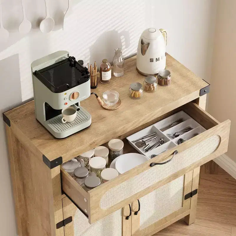Buffet en rotin avec rangement, Armoire de rangement d'appoint de cuisine de ferme avec tiroir