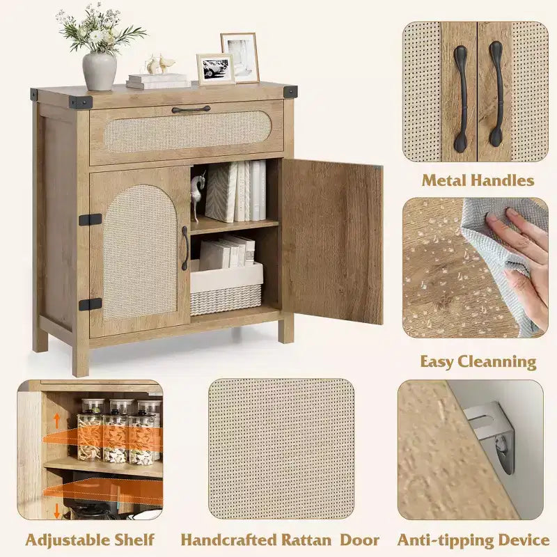Buffet en rotin avec rangement, Armoire de rangement d'appoint de cuisine de ferme avec tiroir