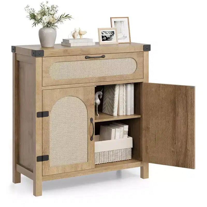 Buffet en rotin avec rangement, Armoire de rangement d'appoint de cuisine de ferme avec tiroir