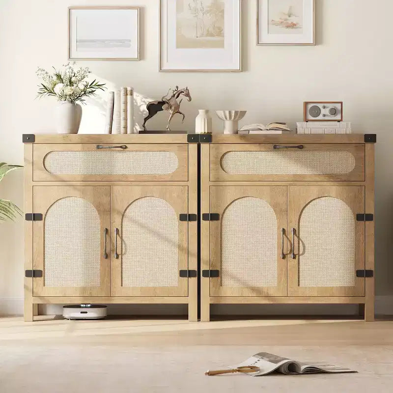 Buffet en rotin avec rangement, Armoire de rangement d'appoint de cuisine de ferme avec tiroir