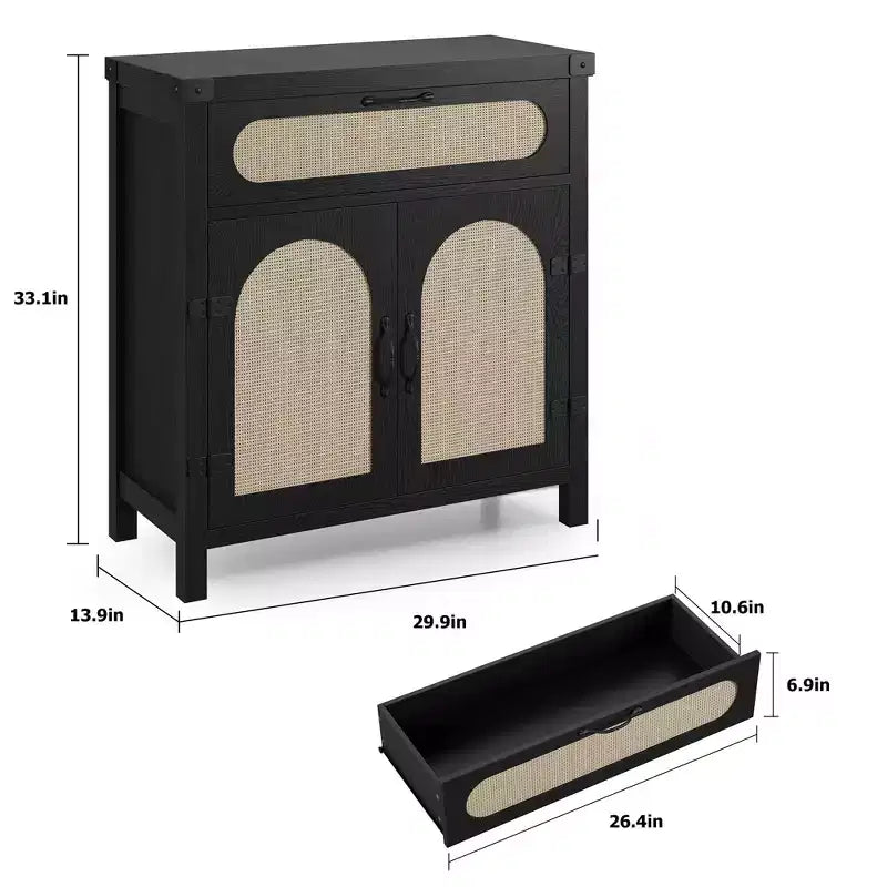 Buffet en rotin avec rangement, Armoire de rangement d'appoint de cuisine de ferme avec tiroir