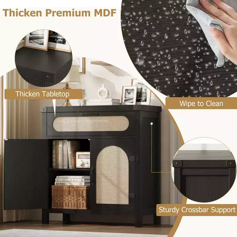 Buffet en rotin avec rangement, Armoire de rangement d'appoint de cuisine de ferme avec tiroir