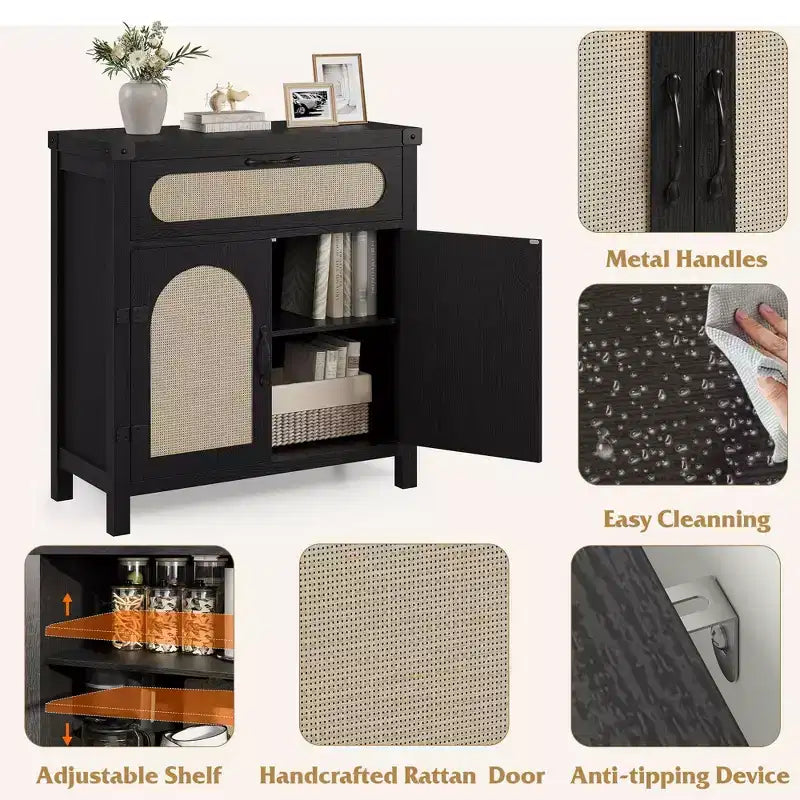 Buffet en rotin avec rangement, Armoire de rangement d'appoint de cuisine de ferme avec tiroir