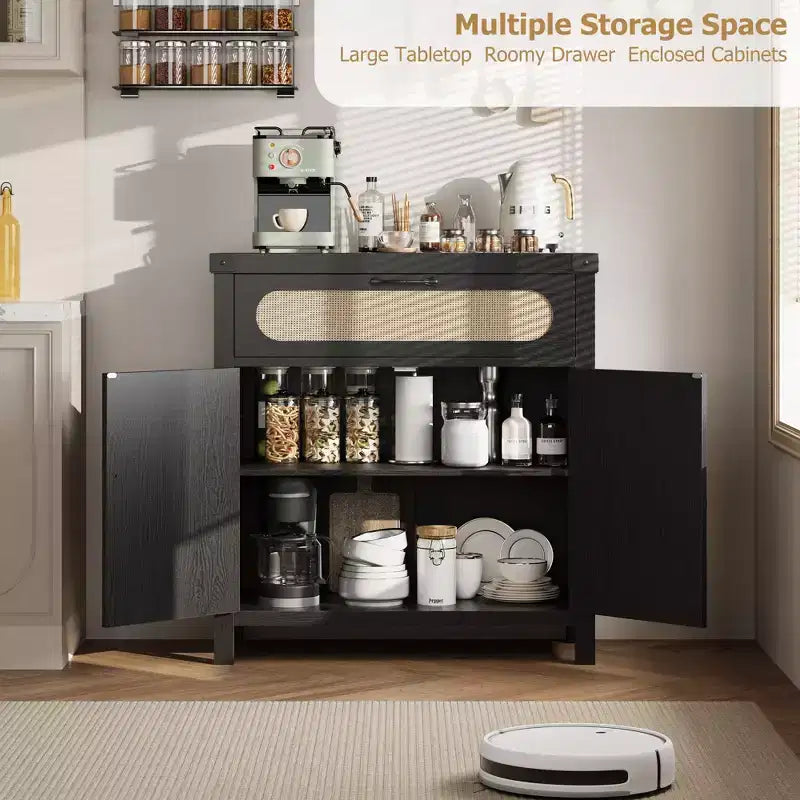 Buffet en rotin avec rangement, Armoire de rangement d'appoint de cuisine de ferme avec tiroir