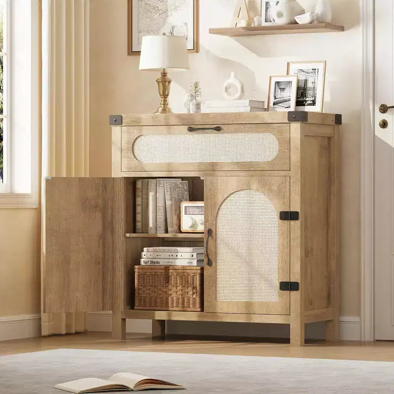 Buffet en rotin avec rangement, Armoire de rangement d'appoint de cuisine de ferme avec tiroir