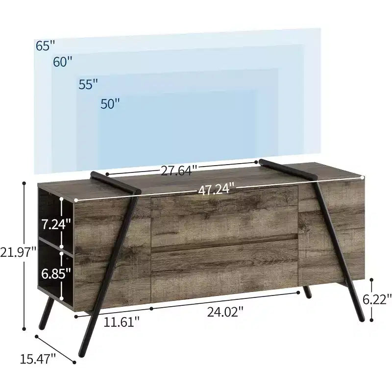 Meuble TV pour téléviseur de 65 pouces, meuble de divertissement avec étagère réglable, 2 tiroirs, console TV, console multimédia, pieds en métal en forme de U