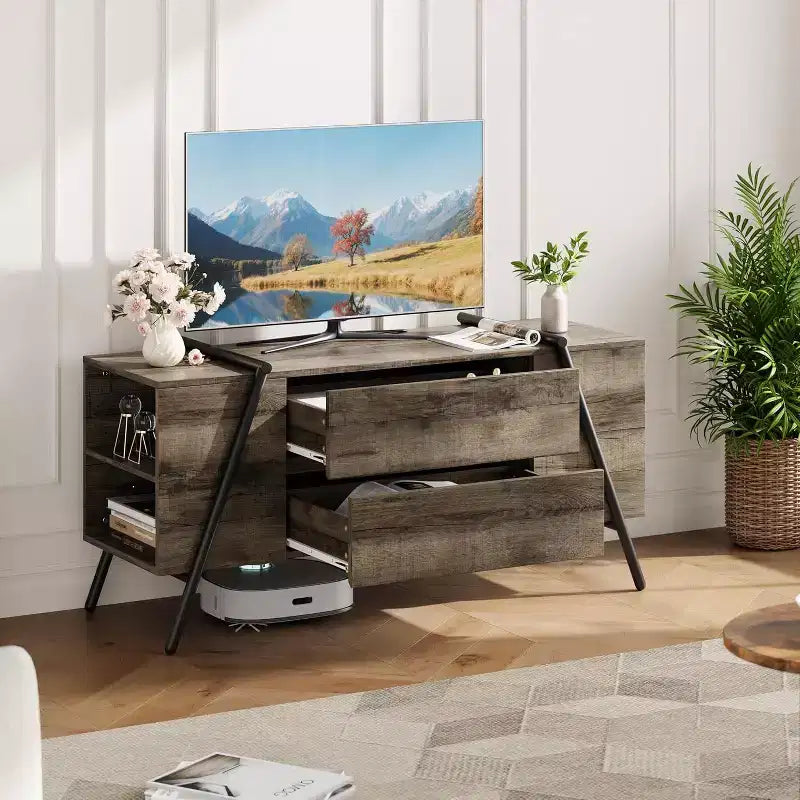 Meuble TV pour téléviseur de 65 pouces, meuble de divertissement avec étagère réglable, 2 tiroirs, console TV, console multimédia, pieds en métal en forme de U