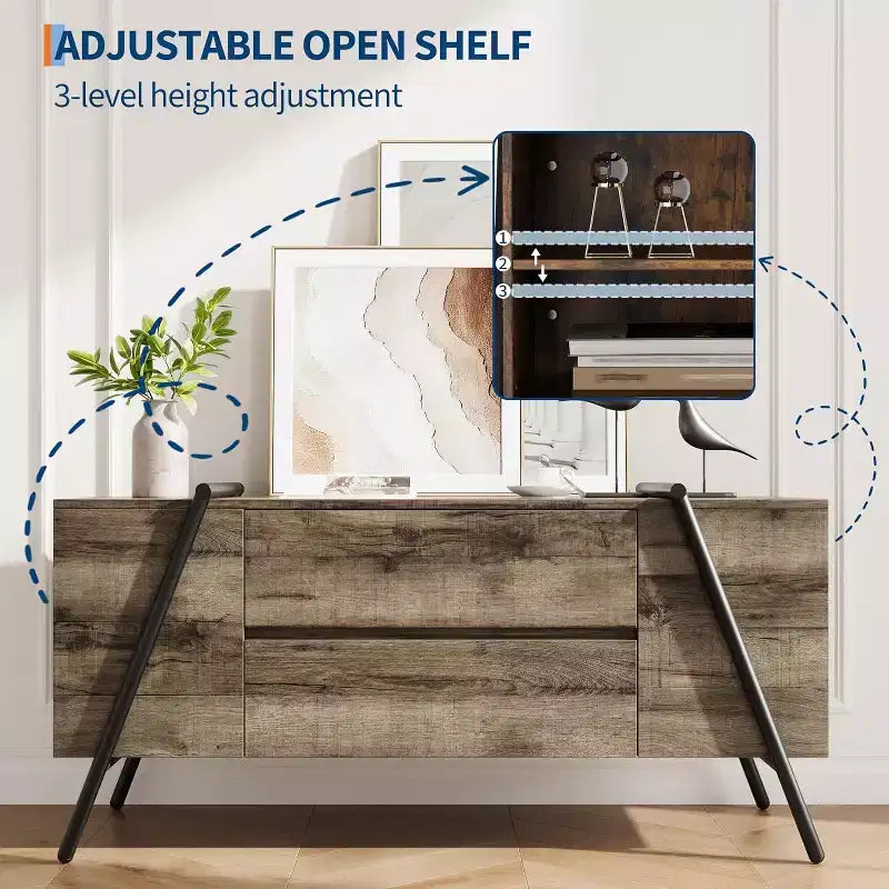 Meuble TV pour téléviseur de 65 pouces, meuble de divertissement avec étagère réglable, 2 tiroirs, console TV, console multimédia, pieds en métal en forme de U