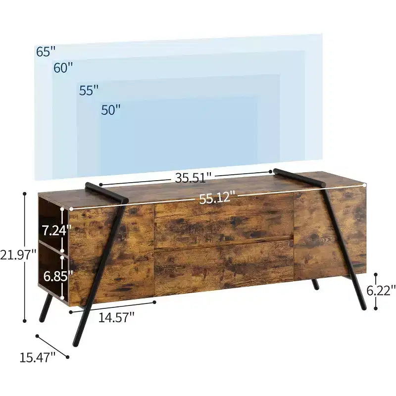 Meuble TV pour téléviseur de 65 pouces, meuble de divertissement avec étagère réglable, 2 tiroirs, console TV, console multimédia, pieds en métal en forme de U