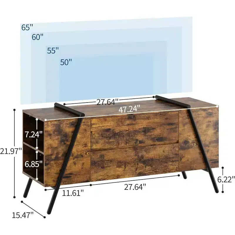 Meuble TV pour téléviseur de 65 pouces, meuble de divertissement avec étagère réglable, 2 tiroirs, console TV, console multimédia, pieds en métal en forme de U