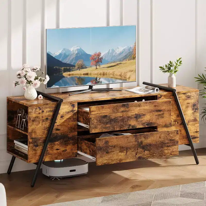 Meuble TV pour téléviseur de 65 pouces, meuble de divertissement avec étagère réglable, 2 tiroirs, console TV, console multimédia, pieds en métal en forme de U